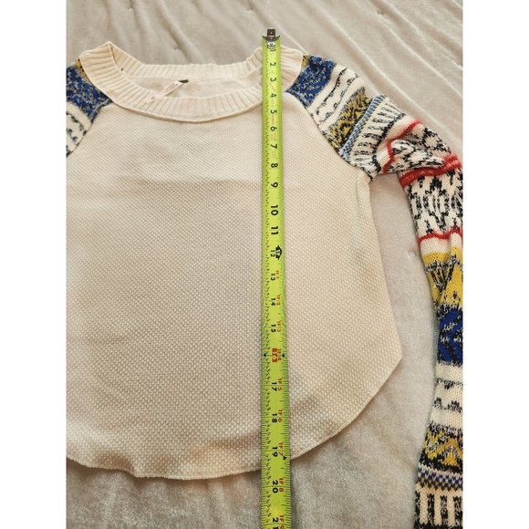 Free People Sweater - aztec colorful sleeve waffle knit cream long sleeve top xs - Picture 6 of 10